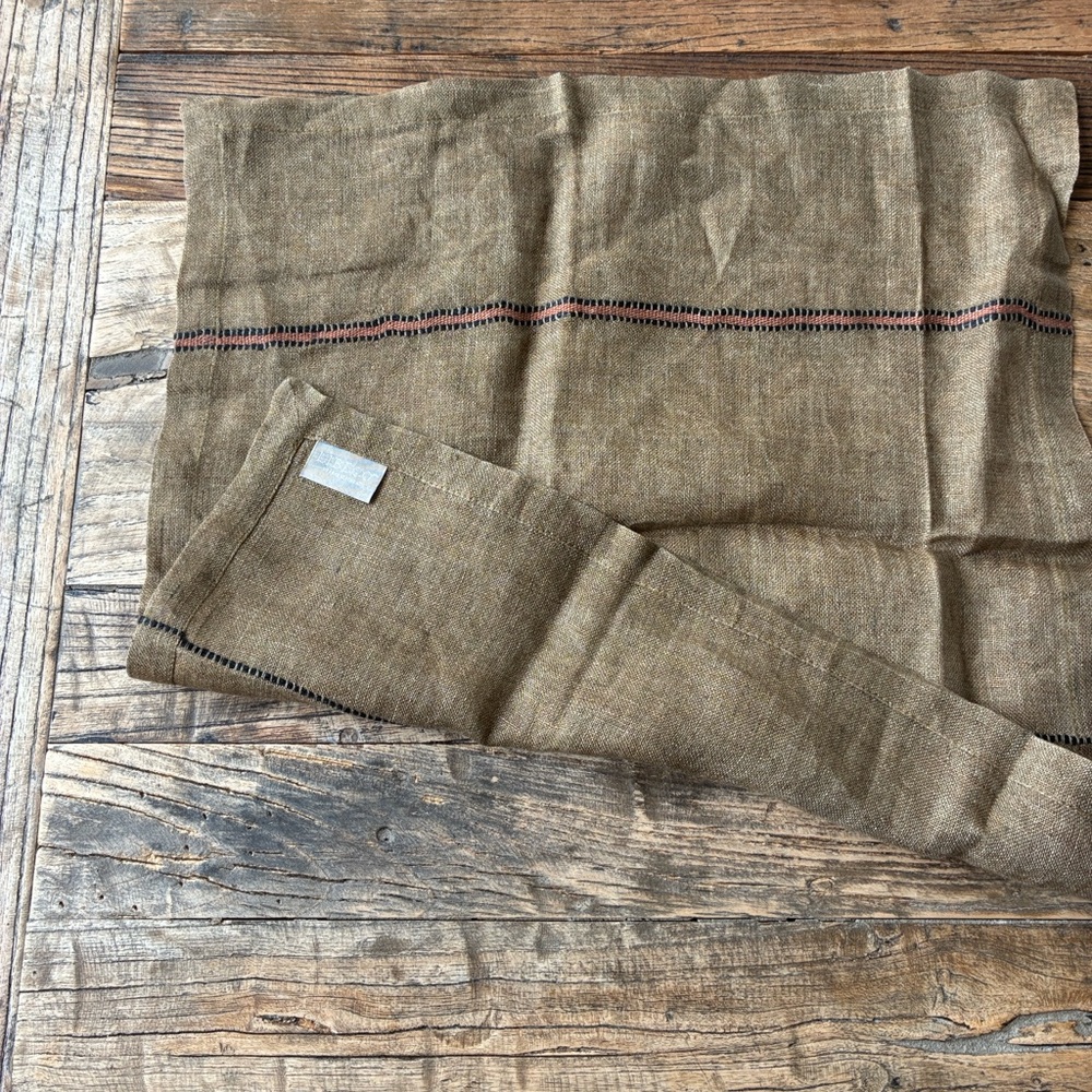 LIBECO Belgian linen Dining Napkins in Olive-Tan with Decorative Stitching Set 6 - Picture 2 of 3